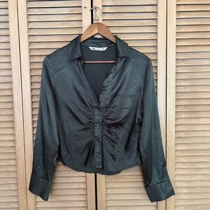 Zara Green Satin Ruched Long-Sleeve Blouse